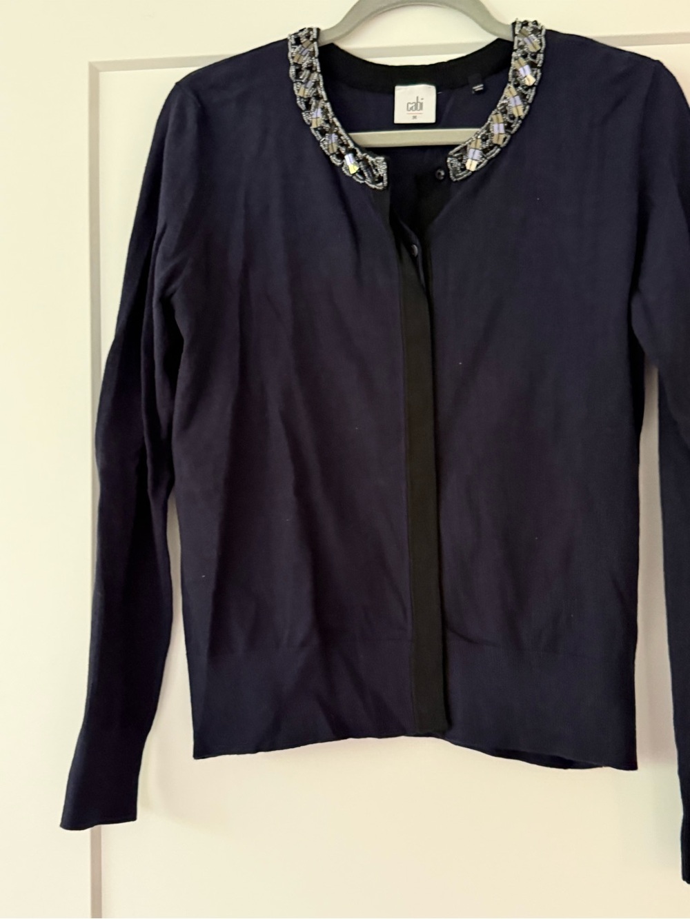 CAbi Navy Jeweled Collar Cardigan